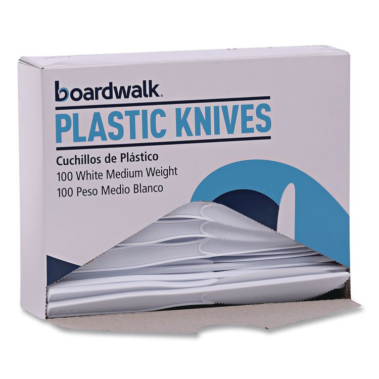 BOARDWALK KNIFEMWPSBX Mediumweight Polystyrene Cutlery, Knife, Plastic, White, 100/Box