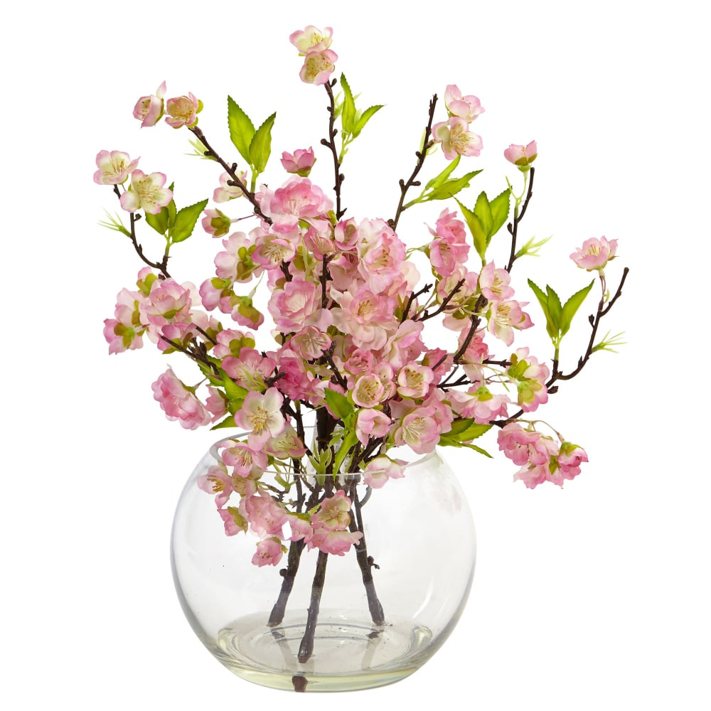 NEARLY NATURAL INC. 4572 Nearly Natural Cherry Blossom 14inH Plastic Floral Arrangement With Large Vase, 14inH x 12inW x 12inD, Pink