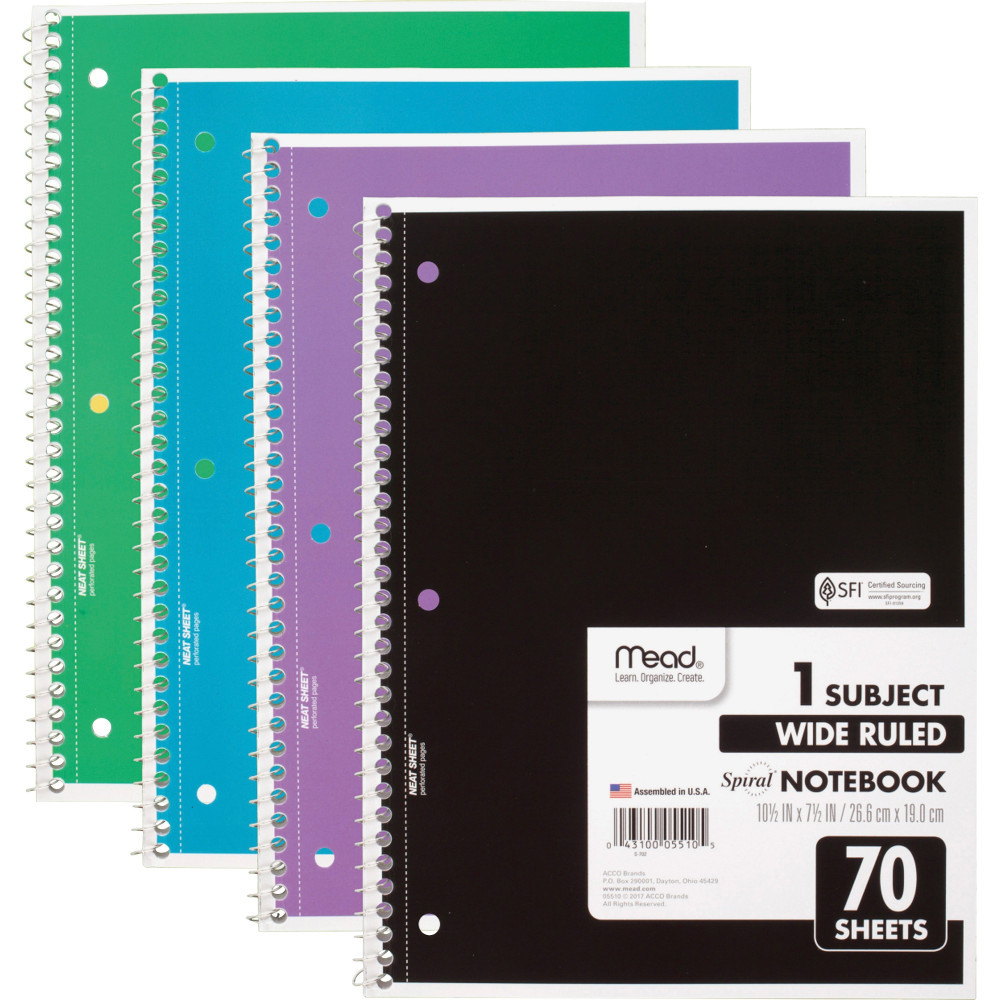 MEADWESTVACO CORP Mead 72873  Spiral Notebooks, 1 Subject, Wide Ruled, 70 Sheets, Assorted Colors, Pack Of 4 Notebooks