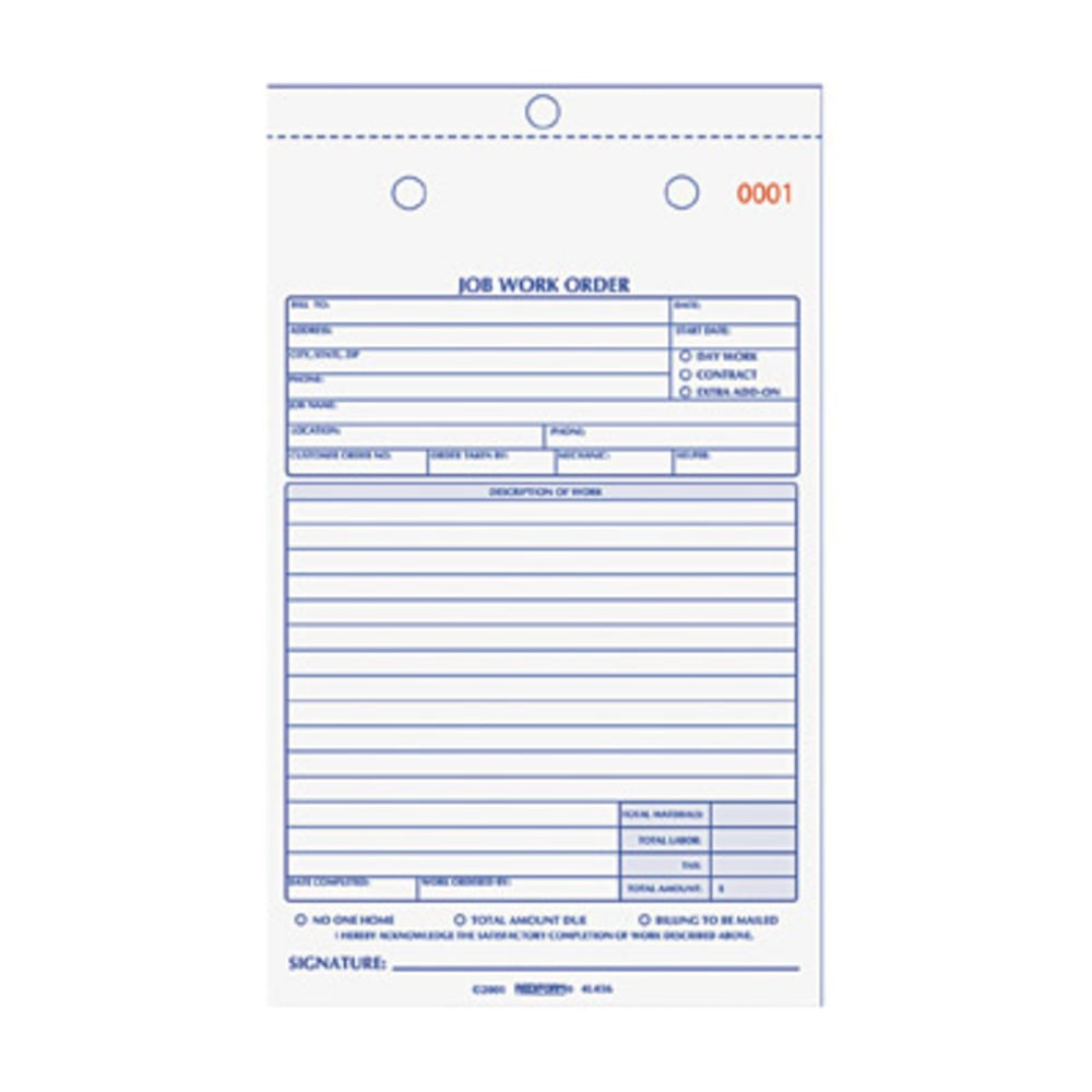 REDIFORM, INC. 4L456 Rediform 2-Part Job Work Order Book, 2 Part, 5-1/2in x 8-1/2in, 50 Sheets, Blue/Red