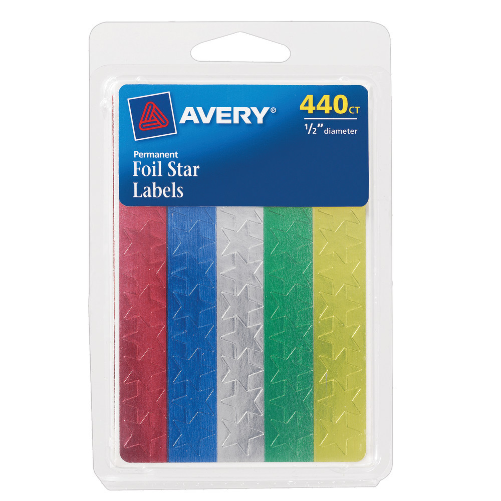 Encourage progress or create fun crafts with these Avery foil star labels. The durable foil construction resists tearing and ripping for a reliable option, and the permanent self-adhesive backing sticks and remains in place. With a variety of colors, these Avery foil star labels provide an attractive and eye-catching way to bring sparkle to projects and incentive charts.  Permanent self-adhesive backing stays firmly in place.  Star-shaped design adds an attractive touch to crafts and projects.  Foil stickers offer a variety of bright colors.  Chart incentives and decorate projects.  Stickers resist tearing when removed from sheet.