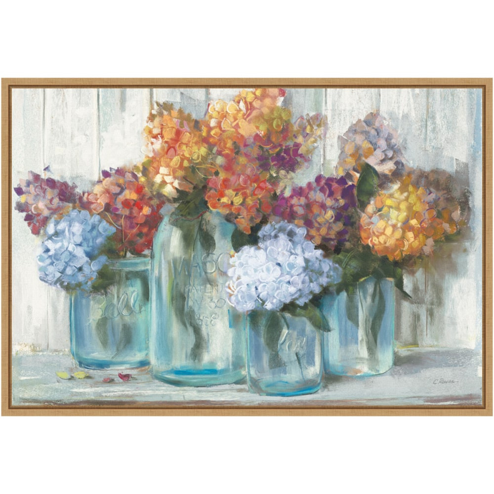 UNIEK INC. Amanti Art A42704676307  Fall Hydrangeas in Glass Jar Crop by Carol Rowan Framed Canvas Wall Art Print, 16inH x 23inW, Maple