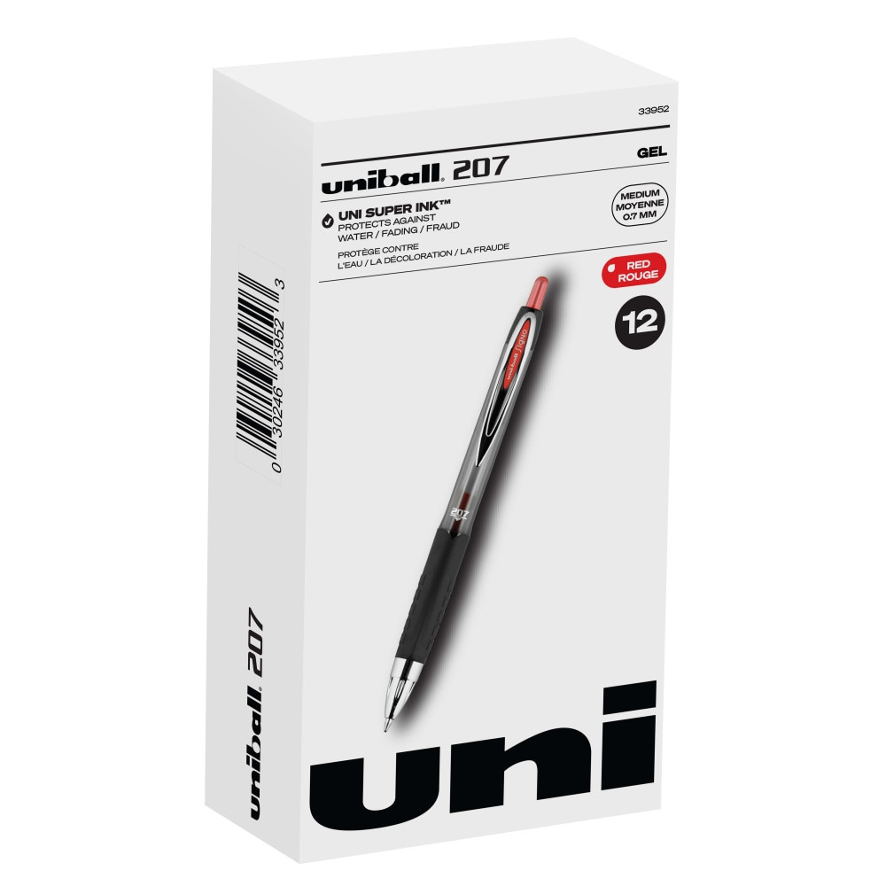 NEWELL BRANDS INC. Uni-Ball 33952  207 Retractable Fraud Prevention Gel Pens, Medium Point, 0.7 mm, Black Barrels, Red Ink, Pack Of 12