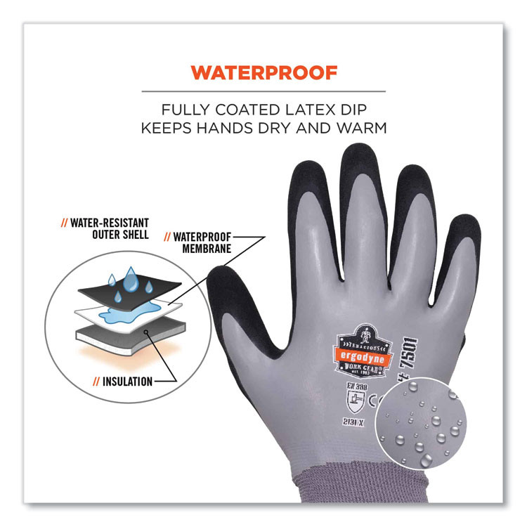 TENACIOUS HOLDINGS, INC. ergodyne® 17933 ProFlex 7501-CASE Coated Waterproof Winter Gloves, EN388: 2131X, 10" Long, Medium, Gray, 144 Pairs/Carton
