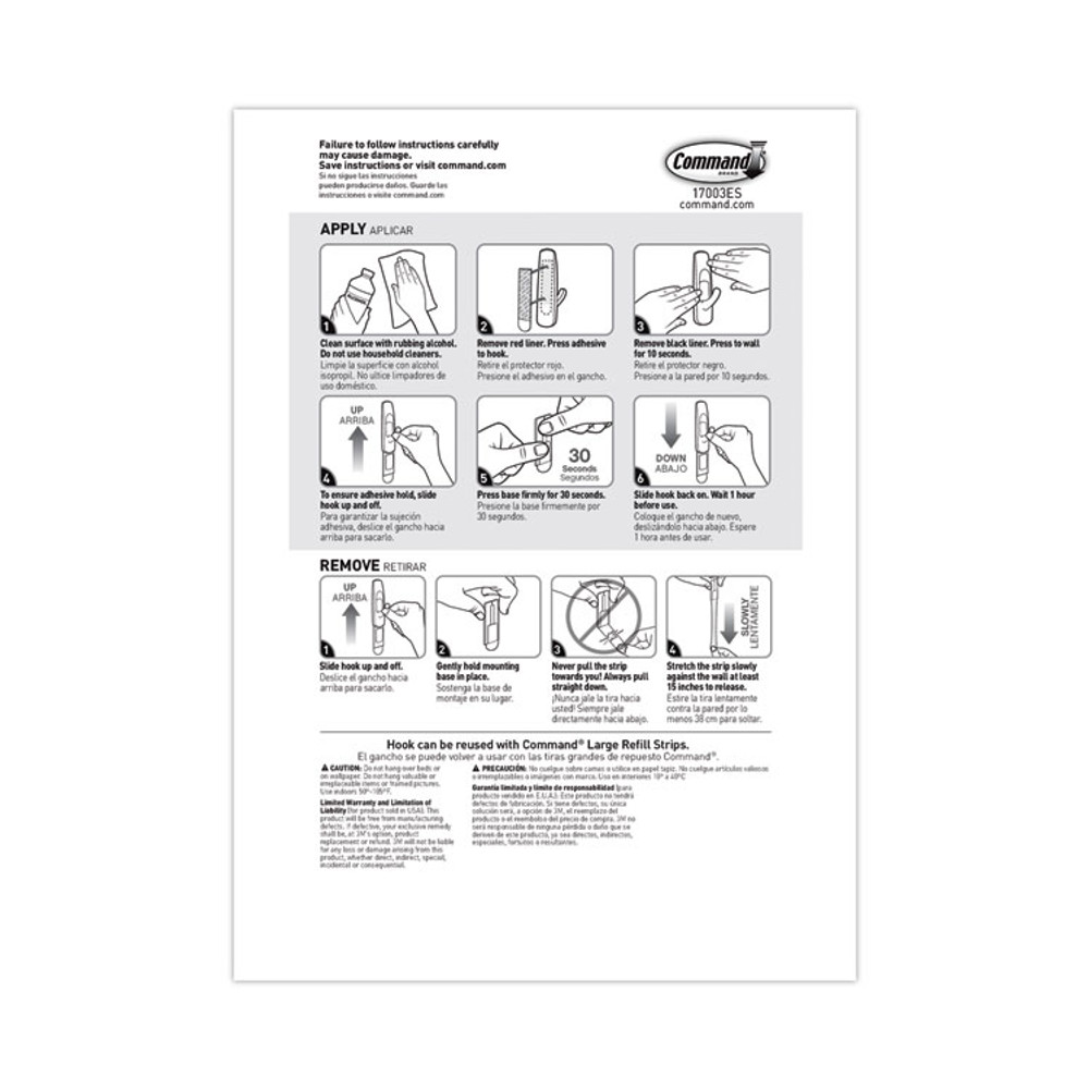 3M/COMMERCIAL TAPE DIV. Command™ 17003ES General Purpose Hooks, Large, Plastic, White, 5 lb Capacity, 1 Hook and 2 Strips/Pack