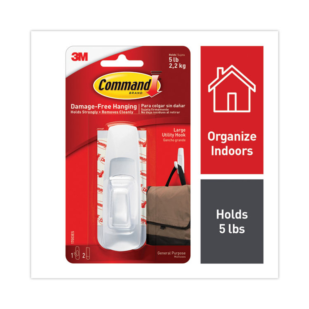 3M/COMMERCIAL TAPE DIV. Command™ 17003ES General Purpose Hooks, Large, Plastic, White, 5 lb Capacity, 1 Hook and 2 Strips/Pack