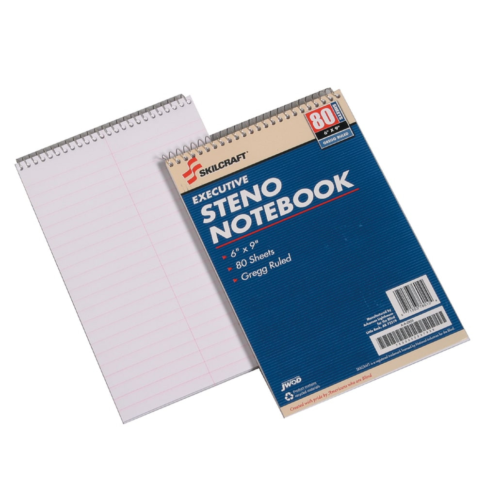 NATIONAL INDUSTRIES FOR THE BLIND 2237939 SKILCRAFT Steno Notebooks, 6in x 9in, Gregg Ruled, 80 Pages (40 Sheets), White/Blue, Pack Of 12 (AbilityOne 7530-00-223-7939)