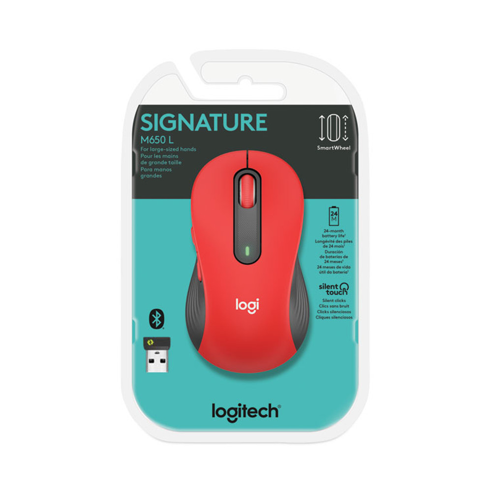 LOGITECH, INC. 910006358 Signature M650 Wireless Mouse, Large, 2.4 GHz Frequency, 33 ft Wireless Range, Right Hand Use, Red