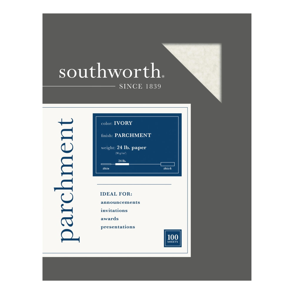 Southworth paper brings an old-world look and feel to your documents. Use this parchment specialty paper in your copier or inkjet or laser printer to create brilliant business documents that make a bold statement.  Compatible with most copiers and inkjet and laser printers.  Acid and lignin free.  Matching envelopes are sold separately.  Ivory paper with Parchment finish
