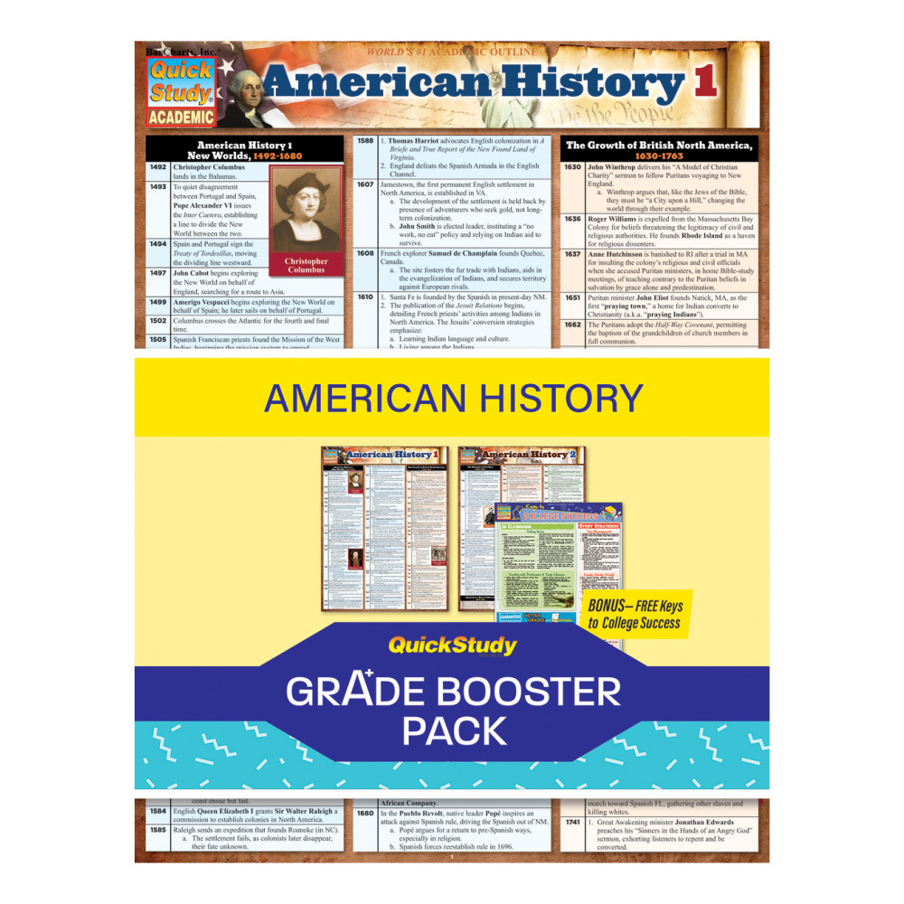 Brush up on the topics you are currently studying using this QuickStudy Grade Booster Pack. The straightforward format and color-coded sections help you learn and retain information well.  Reference materials help make learning simple.  Helps you learn about important historical events in US history.  Includes a Keys to College Success guide.