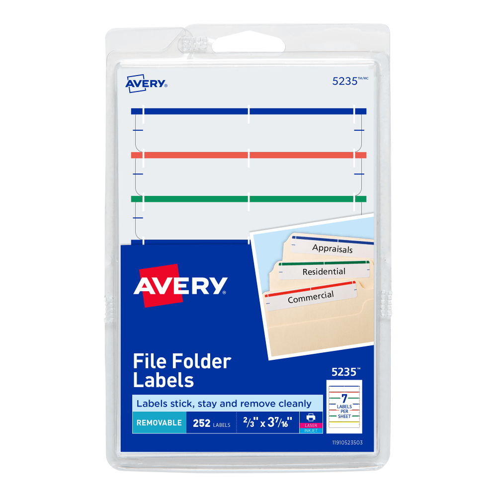 AVERY PRODUCTS CORPORATION Avery 5235  Removable File Folder Labels On 4in x 6in Sheets, 5235, Rectangle, 2/3in x 3-7/16in, Assorted, Pack Of 252
