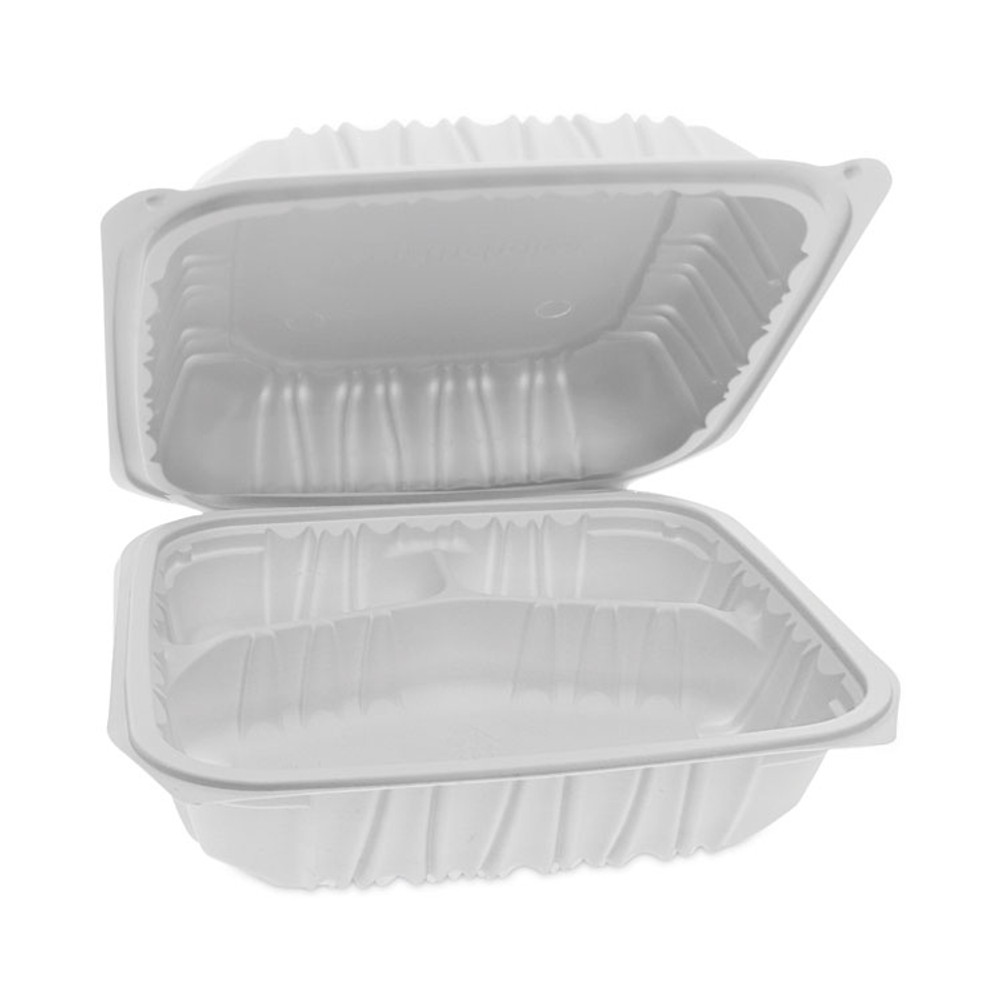 PACTIV EVERGREEN CORPORATION YCNW0853 EarthChoice Vented Microwavable MFPP Hinged Lid Container, 3 Compartments, 8.5 x 8.5 x 3.1, White, Plastic, 146/Carton