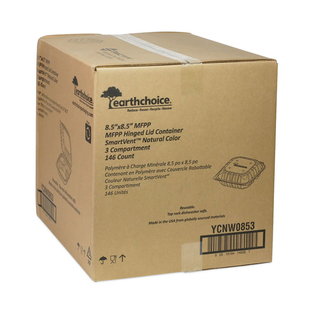 PACTIV EVERGREEN CORPORATION YCNW0853 EarthChoice Vented Microwavable MFPP Hinged Lid Container, 3 Compartments, 8.5 x 8.5 x 3.1, White, Plastic, 146/Carton