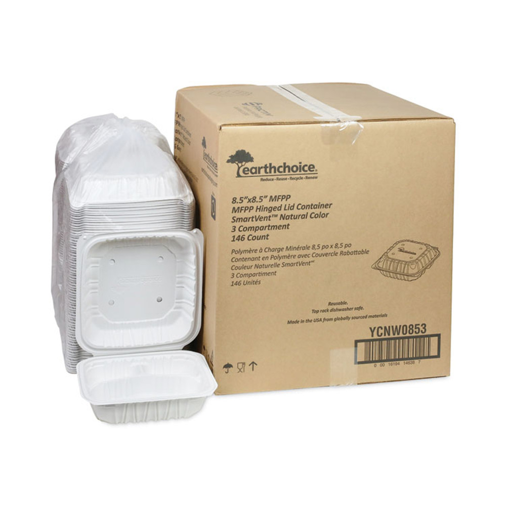 PACTIV EVERGREEN CORPORATION YCNW0853 EarthChoice Vented Microwavable MFPP Hinged Lid Container, 3 Compartments, 8.5 x 8.5 x 3.1, White, Plastic, 146/Carton