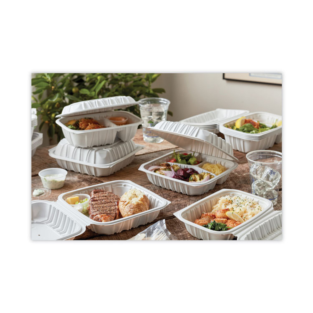 PACTIV EVERGREEN CORPORATION YCNW0853 EarthChoice Vented Microwavable MFPP Hinged Lid Container, 3 Compartments, 8.5 x 8.5 x 3.1, White, Plastic, 146/Carton