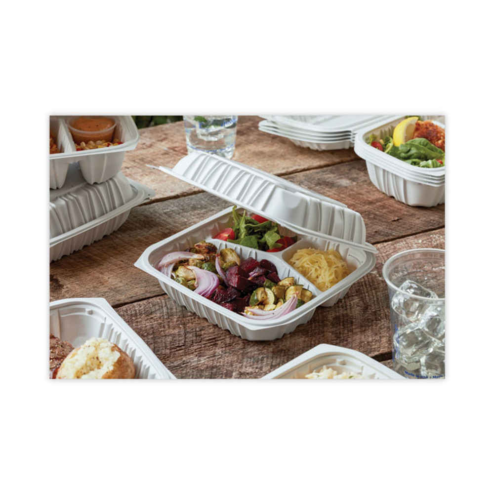 PACTIV EVERGREEN CORPORATION YCNW0853 EarthChoice Vented Microwavable MFPP Hinged Lid Container, 3 Compartments, 8.5 x 8.5 x 3.1, White, Plastic, 146/Carton