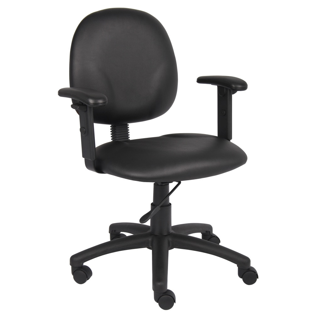 This mid back ergonomic task chair features antimicrobial protected vinyl upholstery. Its contoured back seat promotes proper posture that prevents back strain, while its extra large seat and back cushions ensure maximum comfort.  Mid back ergonomic task chair with adjustable arms.  Contoured back and seat provides support and helps relieve back strain.  Extra large seat and back cushions.  Pneumatic gas lift seat height adjustment.  Black nylon base.  Hooded double wheel casters.  Assembly required.  Upholstered in antimicrobial vinyl.