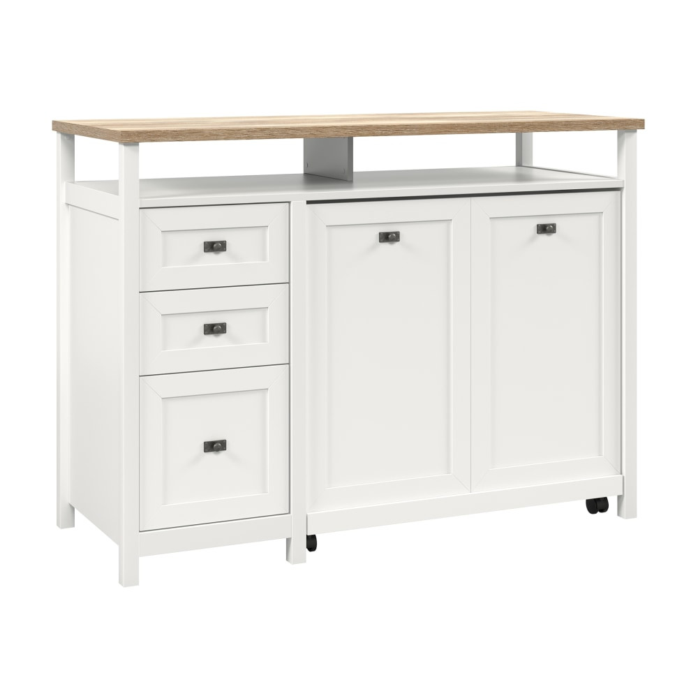 SAUDER WOODWORKING CO. 430055 Sauder Cottage Road TV Credenza For 55in TVs With Hidden Pull-Out Desk, 39inH x 53-1/8inW x 21-3/4inD, White/Lintel Oak