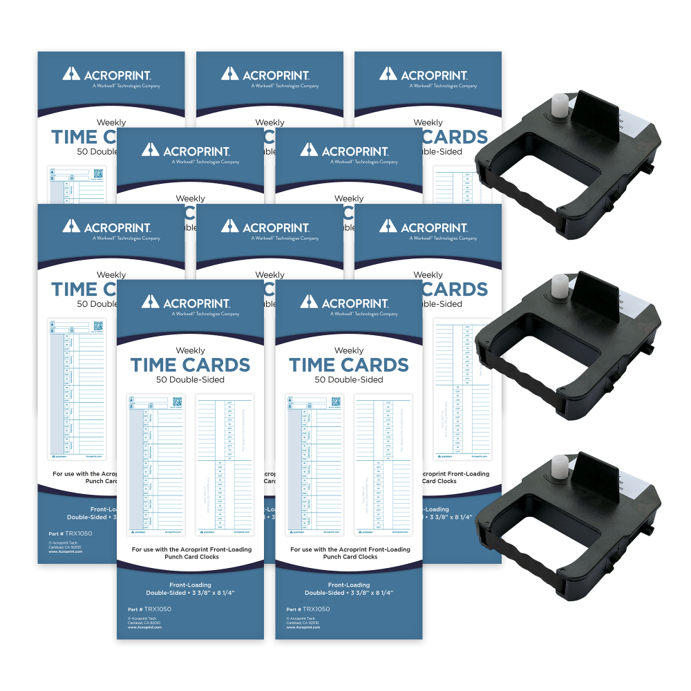 Accurately track employees clocking in and out with an Acroprint EXP500 Accessory Bundle. Replacement ribbons help to print clear punches at all times of the day.  Includes 500 time cards and 3 replacement ribbons.  Compatible with ES700/ES900 Time Clocks (sold separately).  500 double-sided weekly time cards capture up to 4 punches per day, record employee overtime, department, job and ID.  Long-lasting replacement ink ribbon prints clear punches and quickly snaps into place.  All sections are clearly defined with added space for notes and approvals.