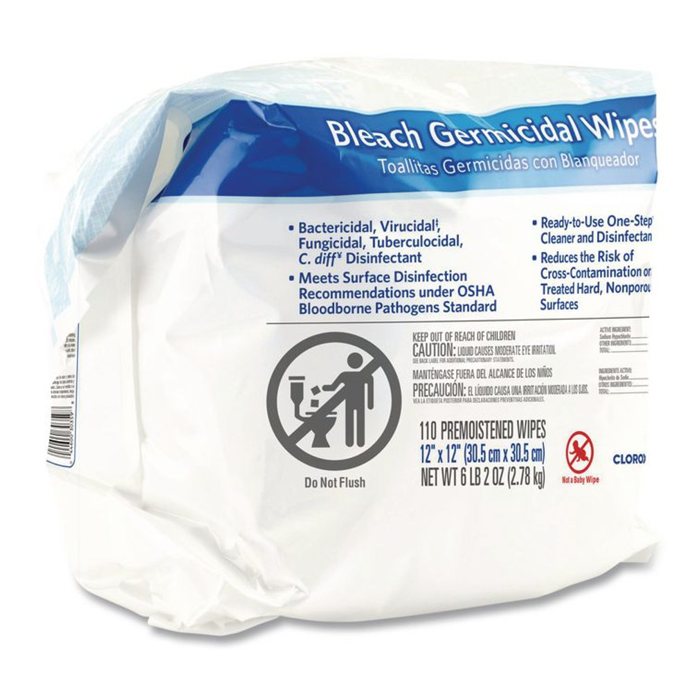 CLOROX SALES CO. Healthcare® 30359 Bleach Germicidal Wipes, Refill for Bucket, 1-Ply, 12 x 12, Unscented, White, 110/Pouch