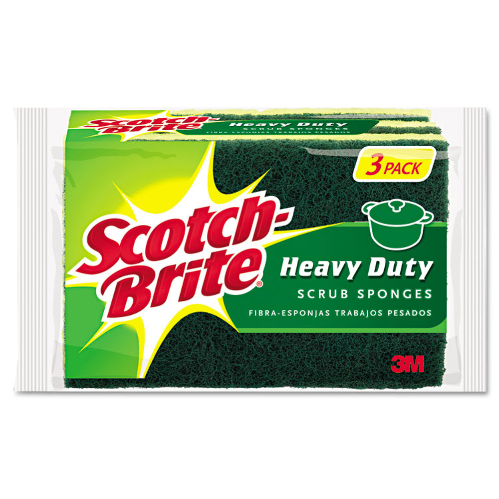 3M/COMMERCIAL TAPE DIV. Scotch-Brite® HD-3 Heavy-Duty Scrub Sponge, 4.5 x 2.7, 0.6" Thick, Yellow/Green, 3/Pack