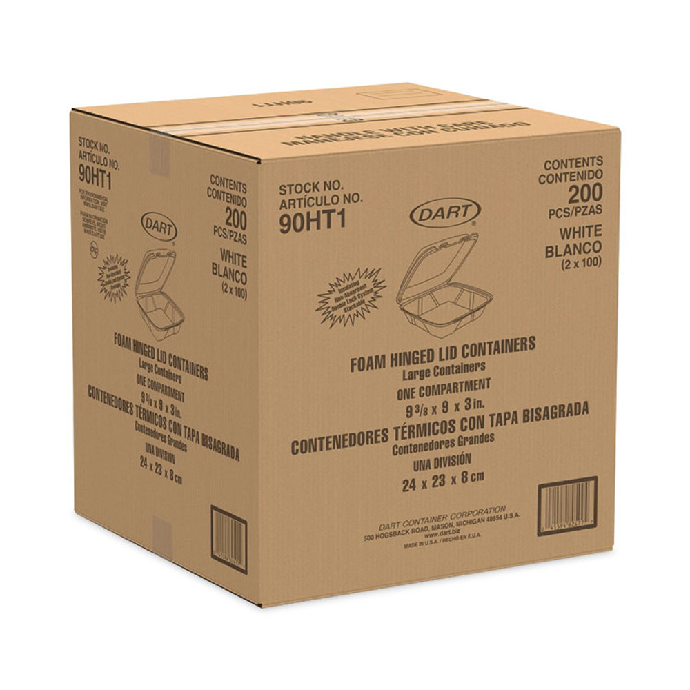 DART 90HT1 Insulated Foam Hinged Lid Containers, 9.01 x 9.4 x 3, White, 100/Pack, 2 Packs/Carton