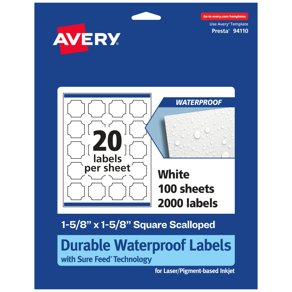 AVERY PRODUCTS CORPORATION 94110-WMF100 Avery Waterproof Permanent Labels With Sure Feed, 94110-WMF100, Square Scalloped, 1-5/8in x 1-5/8in, White, Pack Of 2,000