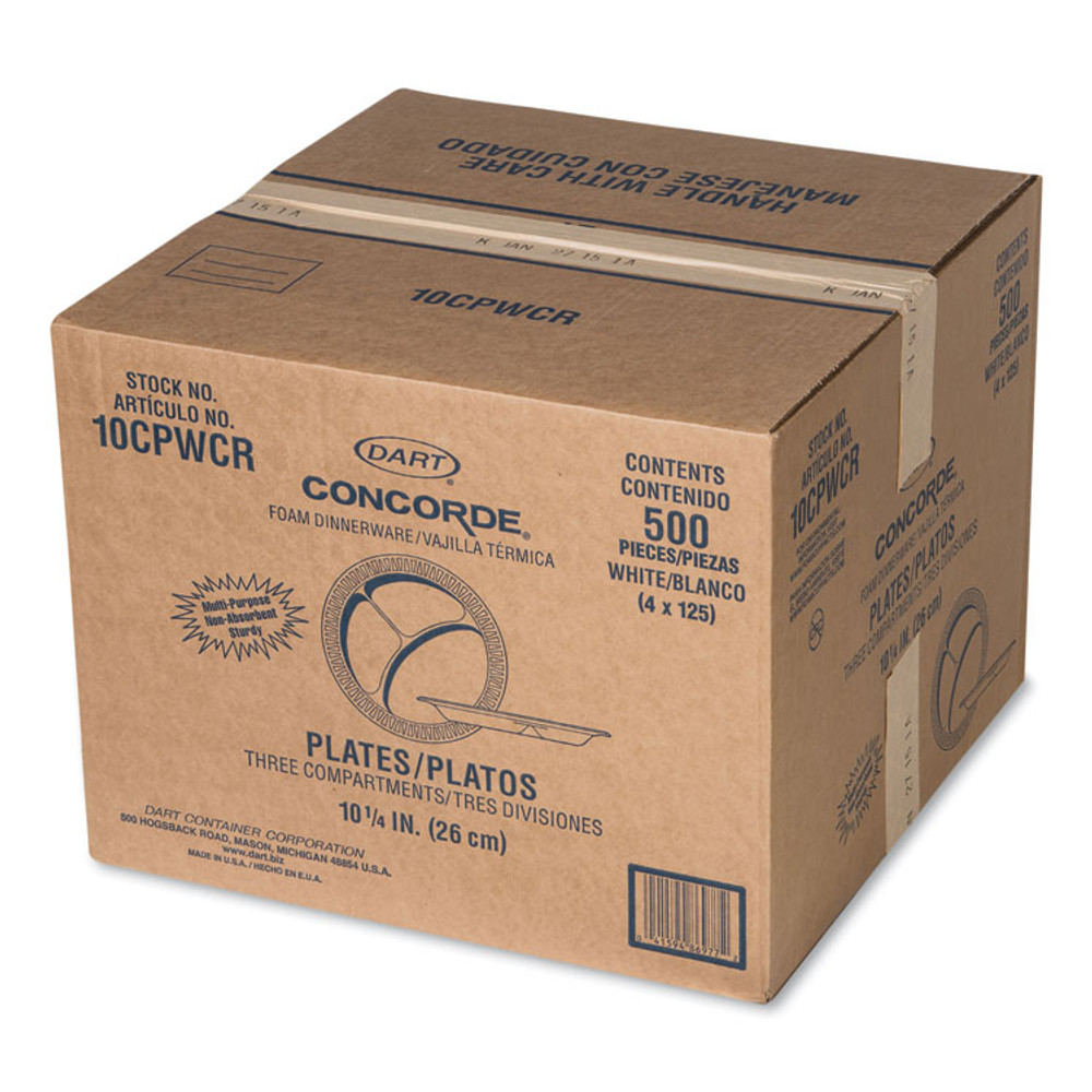 DART 10CPWCR Concorde Foam Plate, 3-Compartment Plate, 10.25" dia, White, 125/Pack, 4 Packs/Carton