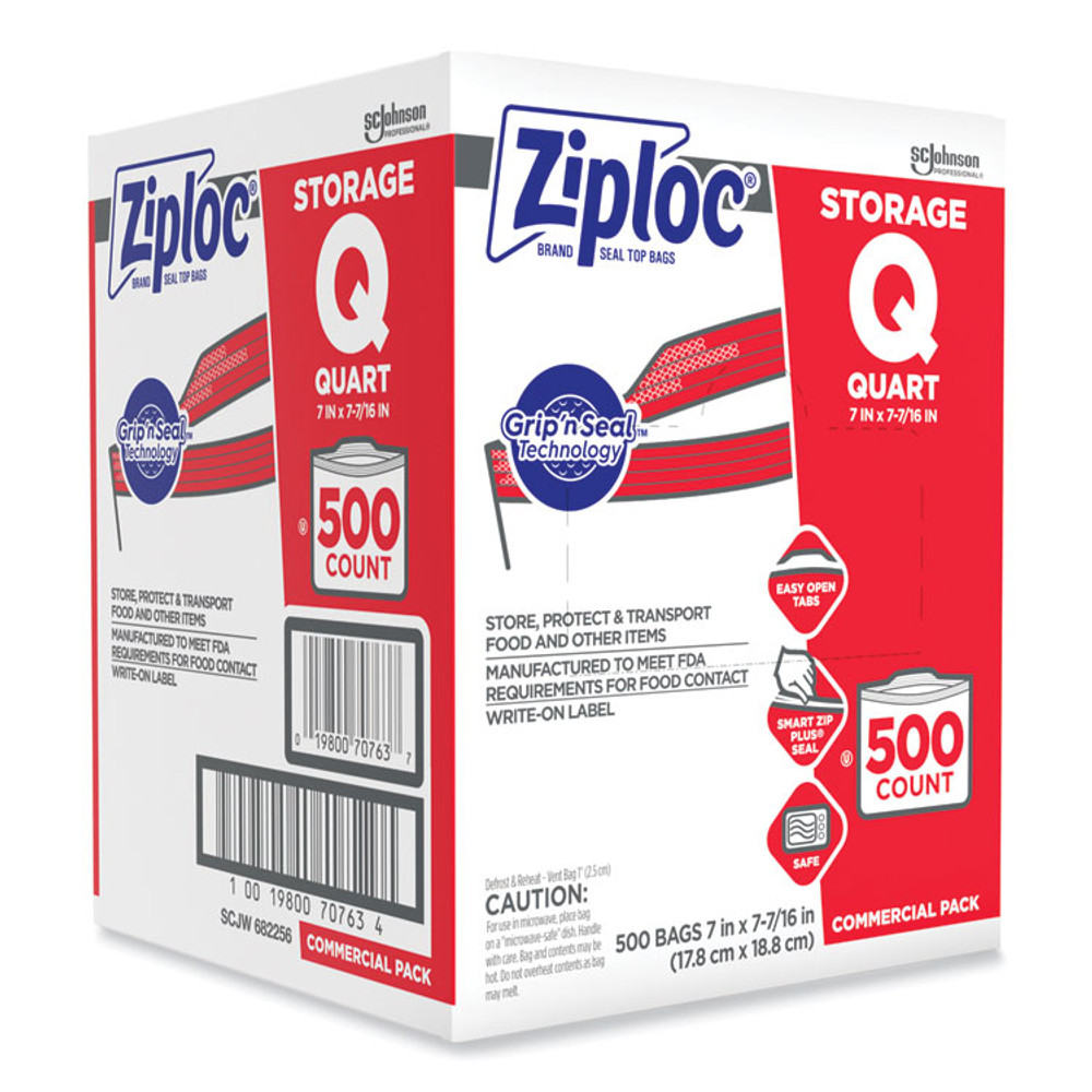 SC JOHNSON Ziploc® 682256 Double Zipper Storage Bags, 1 qt, 1.75 mil, 7" x 7.75", Clear, 500/Box