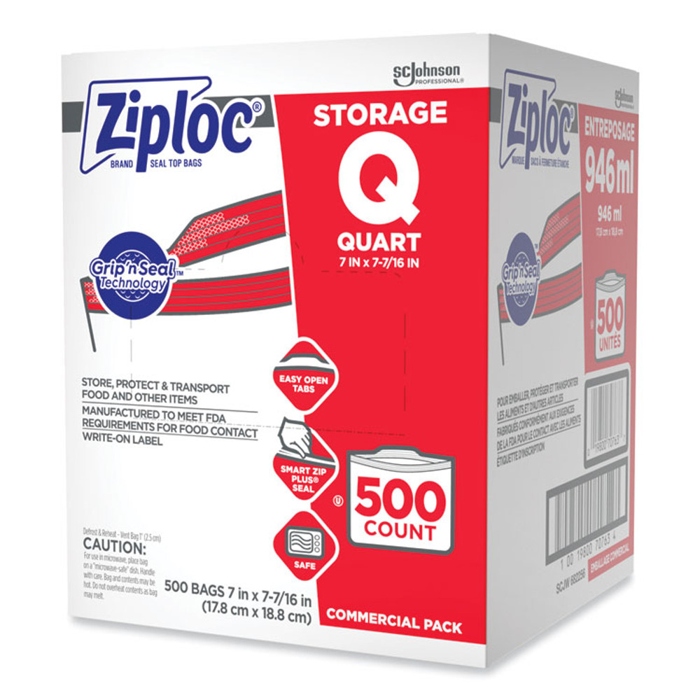 SC JOHNSON Ziploc® 682256 Double Zipper Storage Bags, 1 qt, 1.75 mil, 7" x 7.75", Clear, 500/Box