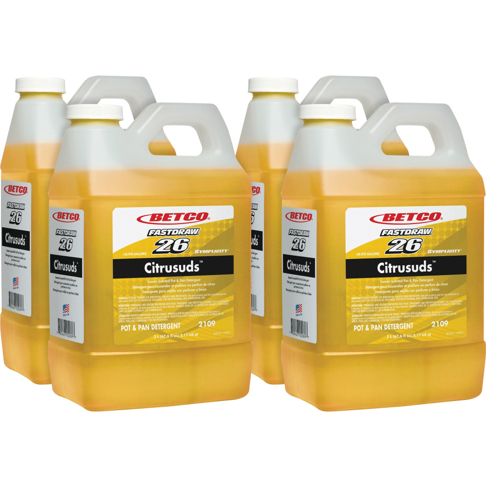 BETCO CORPORATION 21094700CT Betco Symplicity FastDraw 26 Citrusuds Pot/Pan Detergent - Concentrate - 67.6 fl oz (2.1 quart) - Lemon Scent - Heavy Duty, Spill Proof, Phosphate-free - Yellow - 4 / Carton