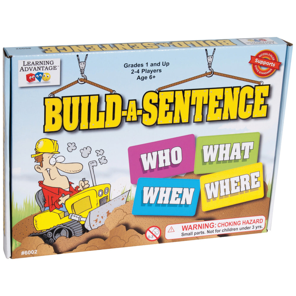 Help students improve their word usage and sentence structure with the Learning Advantage Build-A-Sentence Game. This interactive card and spinner game allows students to improve their English comprehension skills while they enjoy time with friends.  Includes 140 word cards and a game board with a spinner.  Designed to help students work on sentence structure and word usage.  Levels 1 and 2 combine Who, What, When and Where cards.  Ideal for 2 to 4 players in grades 1 through 5.