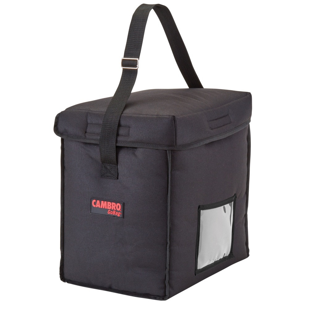 Carry food to guests in their cars or in their homes with ease using Cambro Delivery GoBags. Dense insulation keeps cold foods cold and hot foods hot until it reaches the customer.  Made from breathable nylon for moisture control.  Packed with dense insulation for hot or cold foods.  PVC vinyl lining is machine washable and stain-resistant.  Sewn-in nylon straps offer an easy carry.  Clear ticket pouch lets you know the contents.  Includes 4 bags.