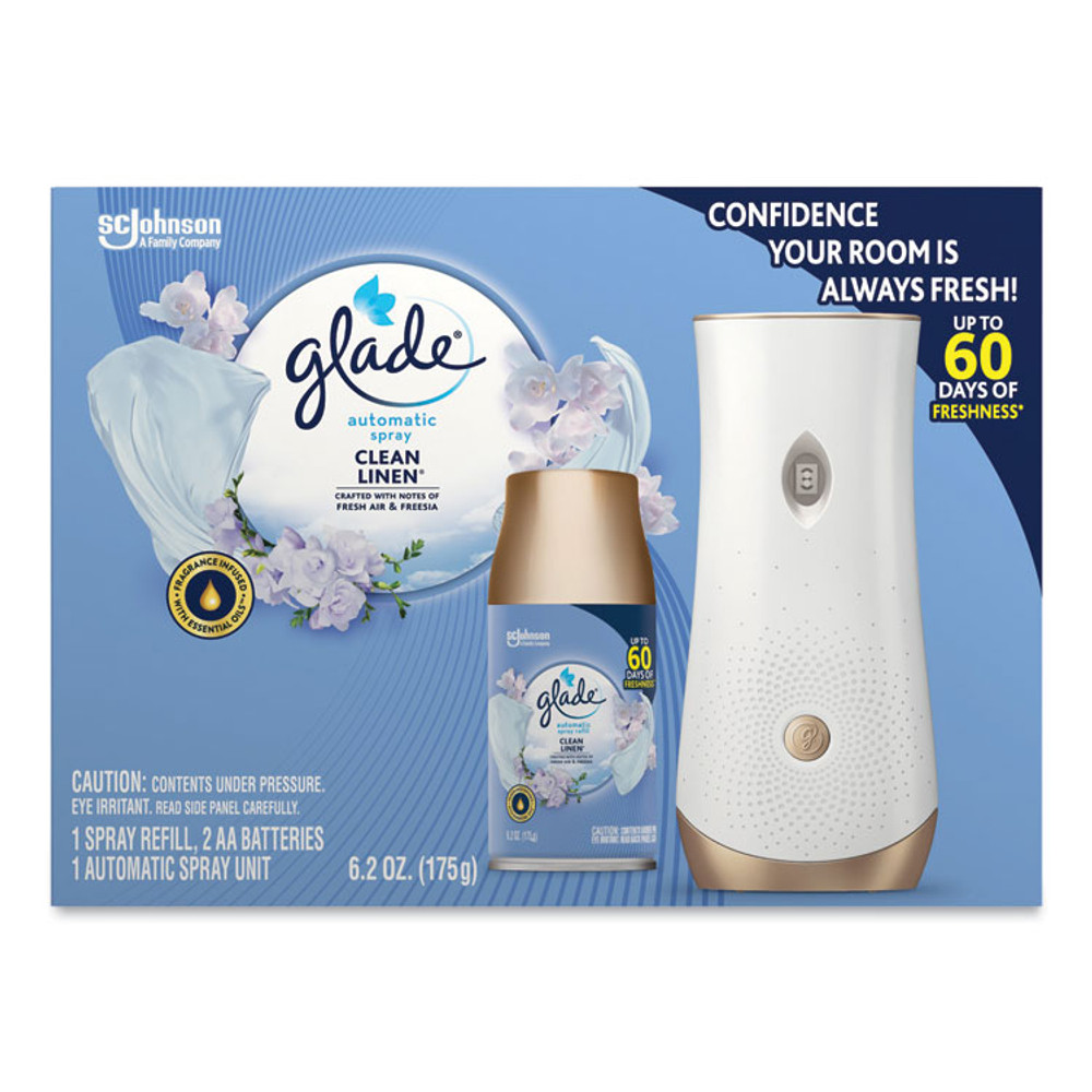 SC JOHNSON Glade® 329349 Automatic Spray Starter Kit, Spray Unit and Refill, White/Gold, Clean Linen, 4/Carton