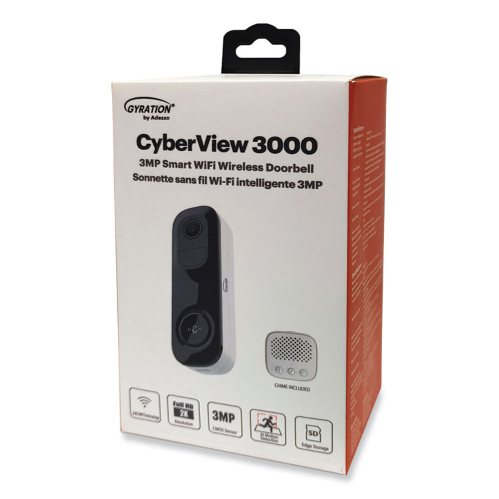 ADESSO INC Gyration® CYBRVIEW3000 Cyberview 3000 3MP WiFi Wireless Doorbell Camera, 2048 x 1536 Pixels