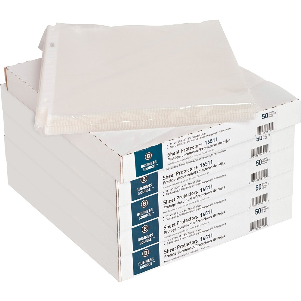 SP RICHARDS Business Source 16511CT  Top-Loading Poly Sheet Protectors - For Letter 8 1/2in x 11in Sheet - 3 x Holes - Ring Binder - Top Loading - Rectangular - Clear - Polypropylene - 250 / Carton