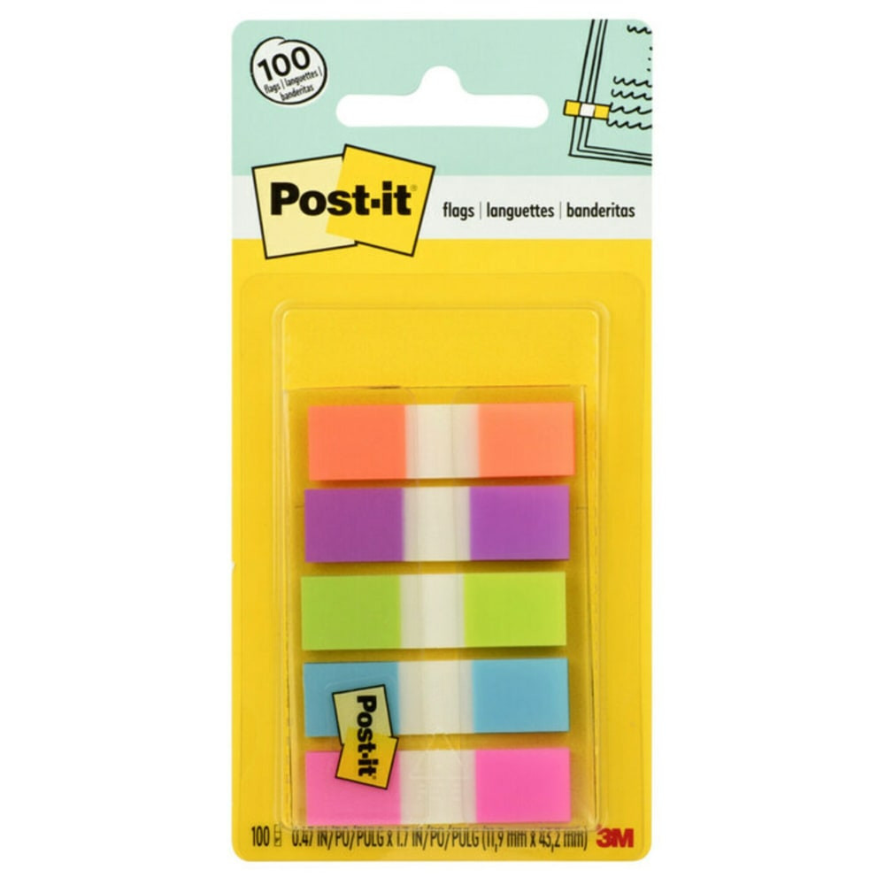 Find it fast with Post it Flags in primary eye-catching colors that get noticed. They make it simple to mark or highlight important information in textbooks, calendars, notebooks, planners and more. They stick securely, remove cleanly and come in a wide variety of colors. Draw attention to critical items that need attention. Use them to index, file or color code your work, either at home, in the office or in the classroom.  Find it fast.  Flags make it simple to mark and highlight important information.  Ideal for drawing attention to information in documents without writing on them.  Use to draw attention to critical items, organize files or color-coding.  Make it simple to request action.  Sticks securely, removes cleanly.  The dispenser keeps flags organized and easy to find.  Assorted Primary and Bright Colors, .47 in. wide.  100 per dispenser, 1 dispenser per pack