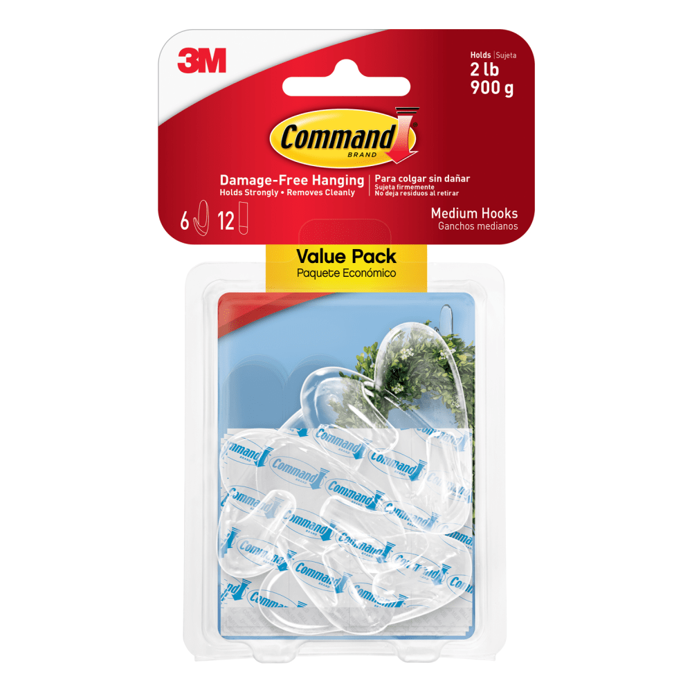 3M CO 17091CLRVP Command Removable Hooks, Medium, Clear, Pack Of 6