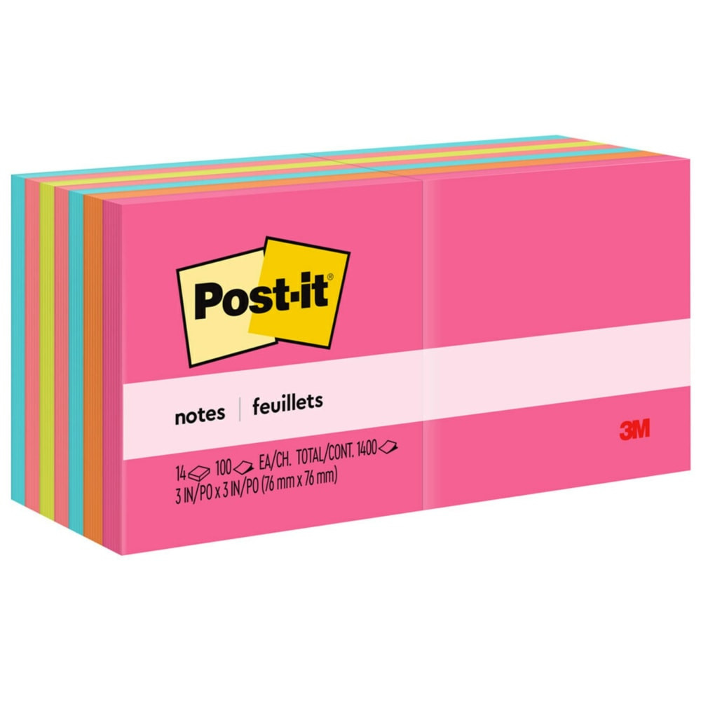 3M CO 654-14AN Post-it Notes, 14 Pads, 3 in x 3 in, Clean Removal, School Supplies and Office Products, Sticky Notes for Vertical Surfaces, Monitors, Walls and Windows, Poptimistic Collection
