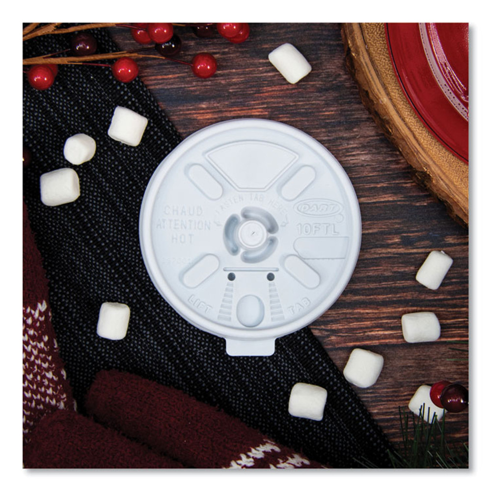 DART 10FTL Lift n' Lock Plastic Hot Cup Lids, Fits 10 oz Hot Cups, White, 1,000/Carton