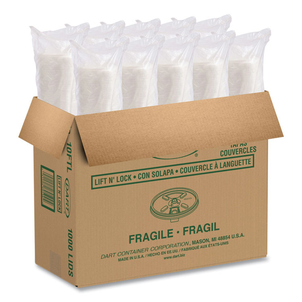 DART 10FTL Lift n' Lock Plastic Hot Cup Lids, Fits 10 oz Hot Cups, White, 1,000/Carton