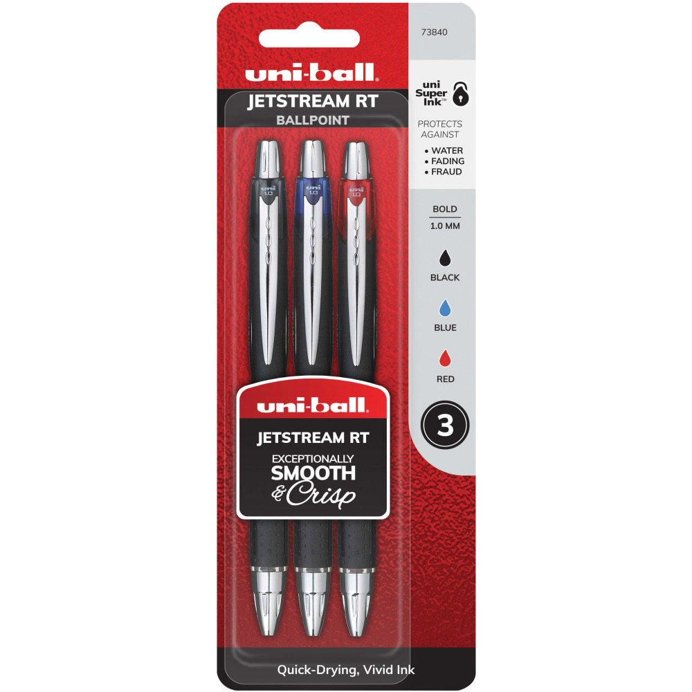 NEWELL BRANDS INC. Uni-Ball 73840  Jetstream RT Retractable Ballpoint Pens, Bold Point, 1.0 mm, Black Barrels, Assorted Ink Colors, Pack Of 3