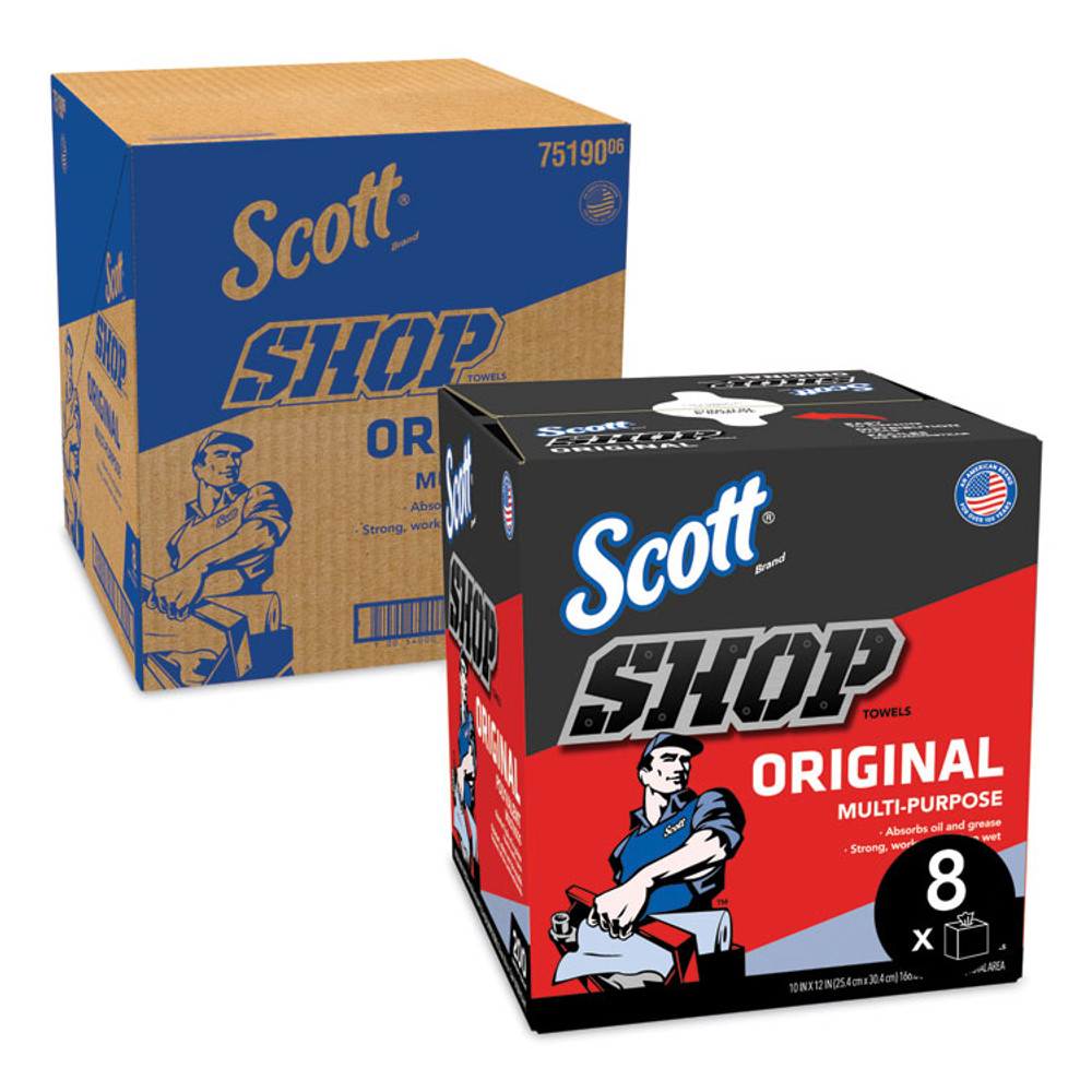 KIMBERLY-CLARK PROFESSIONAL Scott® 75190 Shop Towels, POP-UP Box, 1-Ply, 9 x 12, Blue, 200/Box, 8 Boxes/Carton
