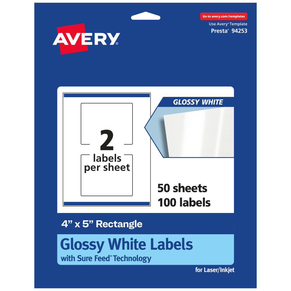 AVERY PRODUCTS CORPORATION 94253-WGP50 Avery Glossy Permanent Labels With Sure Feed, 94253-WGP50, Rectangle, 4in x 5in, White, Pack Of 100