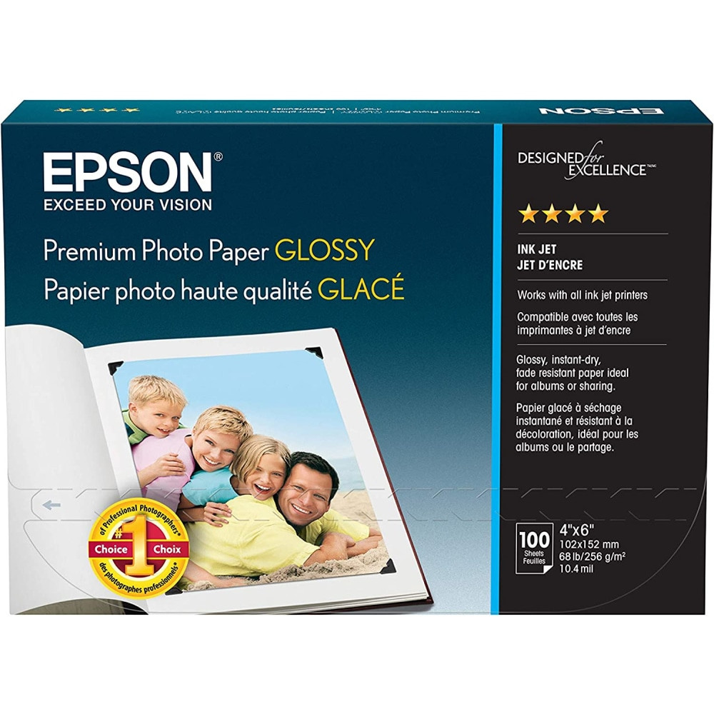 EPSON AMERICA INC. S041727 Epson Premium Glossy Photo Paper, 4in x 6in, Pack Of 100 Sheets (S041727)