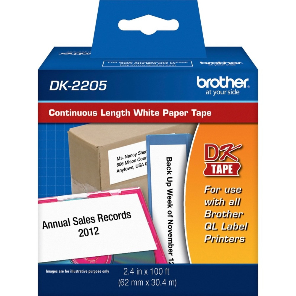 BROTHER INTL CORP DK2205 Brother DK-2205 Continuous-Feed Paper Roll Permanent Address Labels, Black On White, 2 7/16in x 100ft