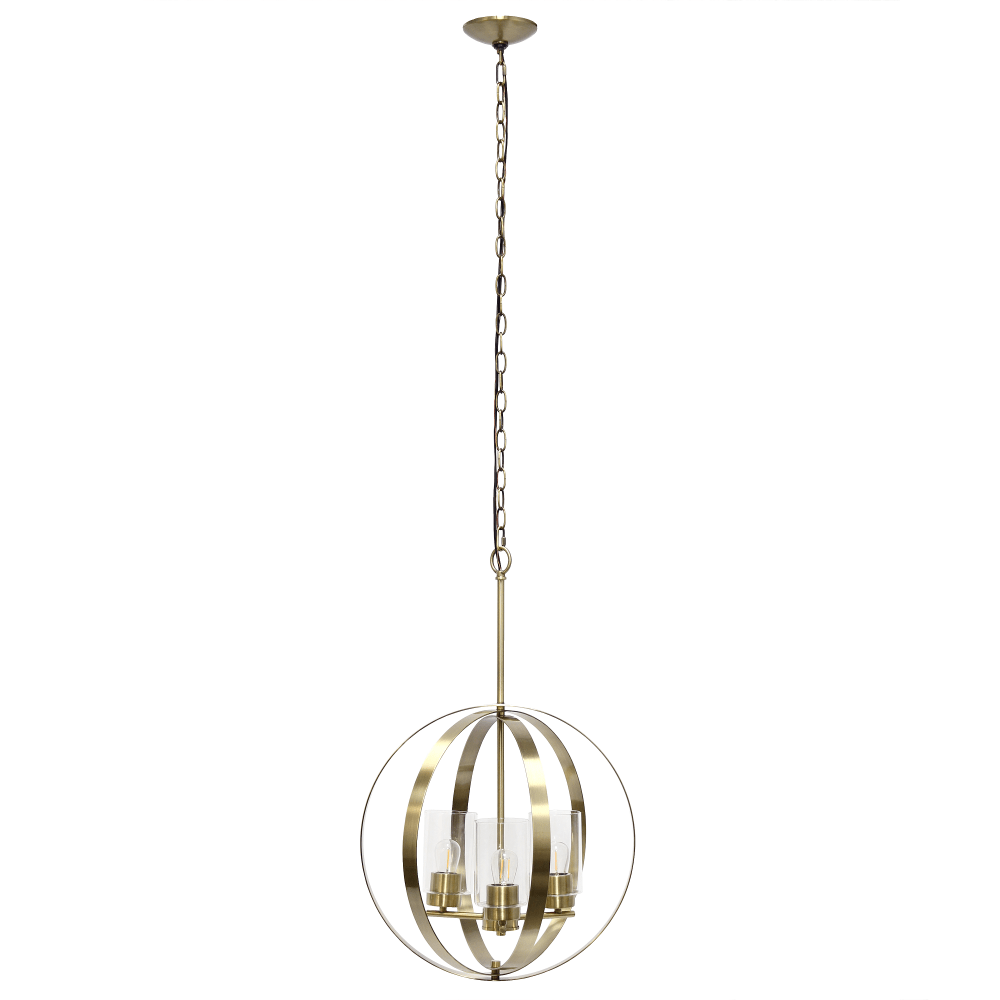 ALL THE RAGES INC Lalia Home LHP-3010-AB  3-Light Hanging Metal Globe And Clear Glass Ceiling Pendant, 18inW, Antique Brass