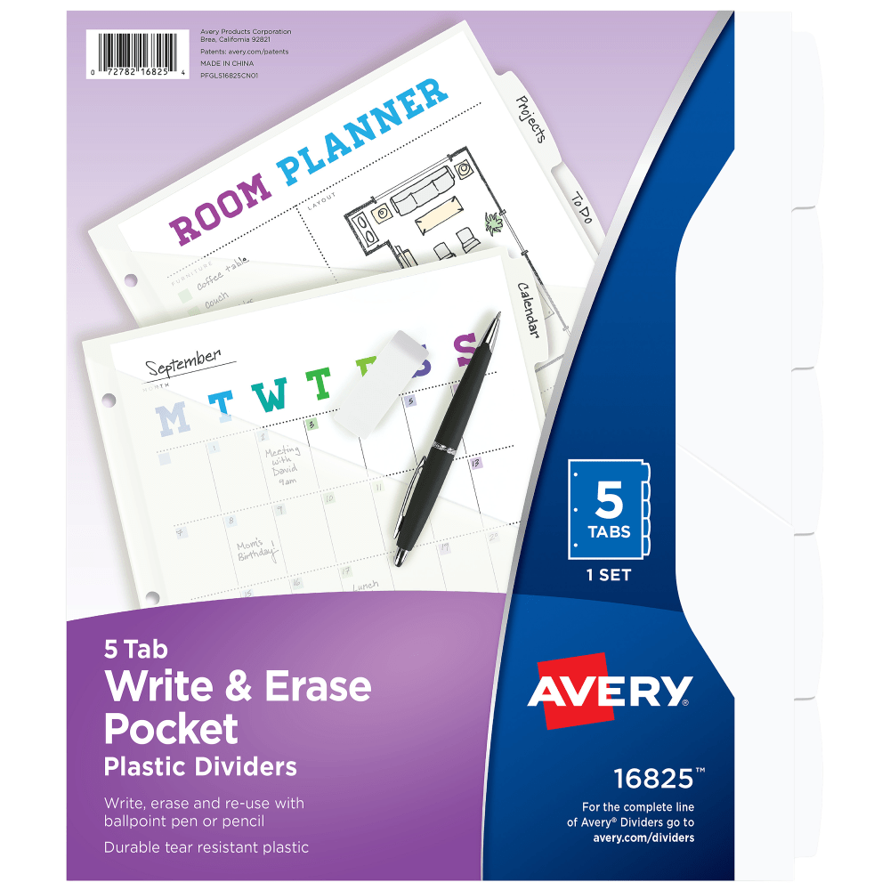 AVERY PRODUCTS CORPORATION 16825 Avery Write & Erase Durable Plastic Divider With Pocket, 5 Tabs, 9 1/4in x 11 1/4in, White