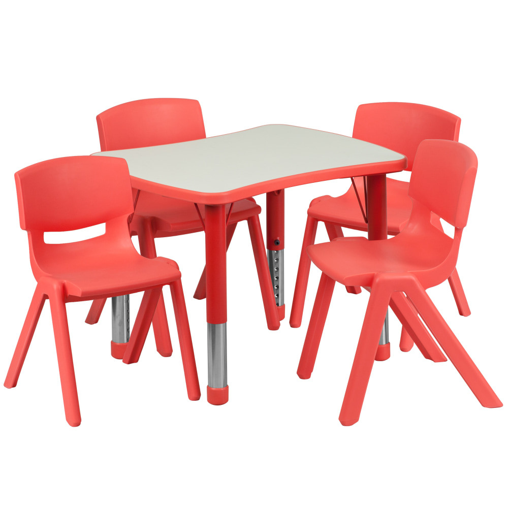 Little learners will love playing, crafting and learning at this Flash Furniture Rectangular Activity Table Set. Kids can enjoy a comfortable seat in the stack chairs that feature a contoured shell. The tables 1in-thick laminate top is crafted to stand up to energetic play, cleaning products and a variety of arts and crafts materials, so it continues to look great. Plus, you adjust the height of the table as your students grow.  Plastic table frame.  1in-thick laminate top with safety rounded corners.  Steel legs adjust in height in 1in increments.  4 chairs are crafted with a contoured polypropylene shell.  20inH stack chairs boast a 10-1/2in seat height.  Weight capacity tested to support 220 lb and 154 lb.  Assembly required.