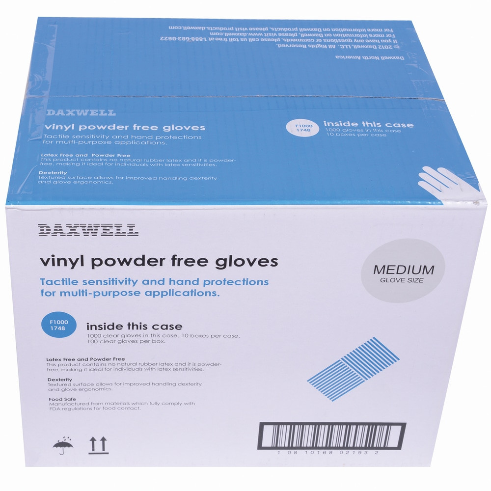 PACKAGING DYNAMICS Daxwell F10001748CT  Vinyl Gloves, Medium, Clear, 100 Gloves Per Pack, Box Of 10 Packs